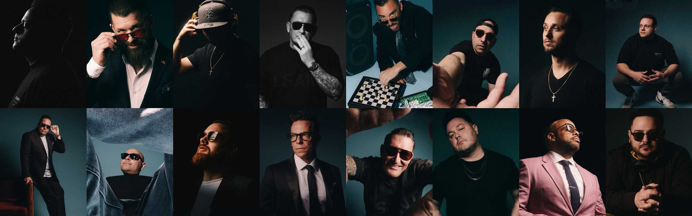 A collage of men posing individually against dark backgrounds, wearing sunglasses, suits, casual shirts, or jackets, with varied postures and facial expressions.