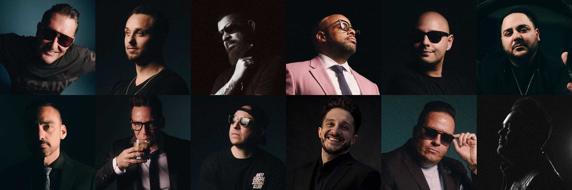 A collage of twelve men, each posing individually against dark backgrounds, most wearing sunglasses or glasses, with varied expressions and attire.