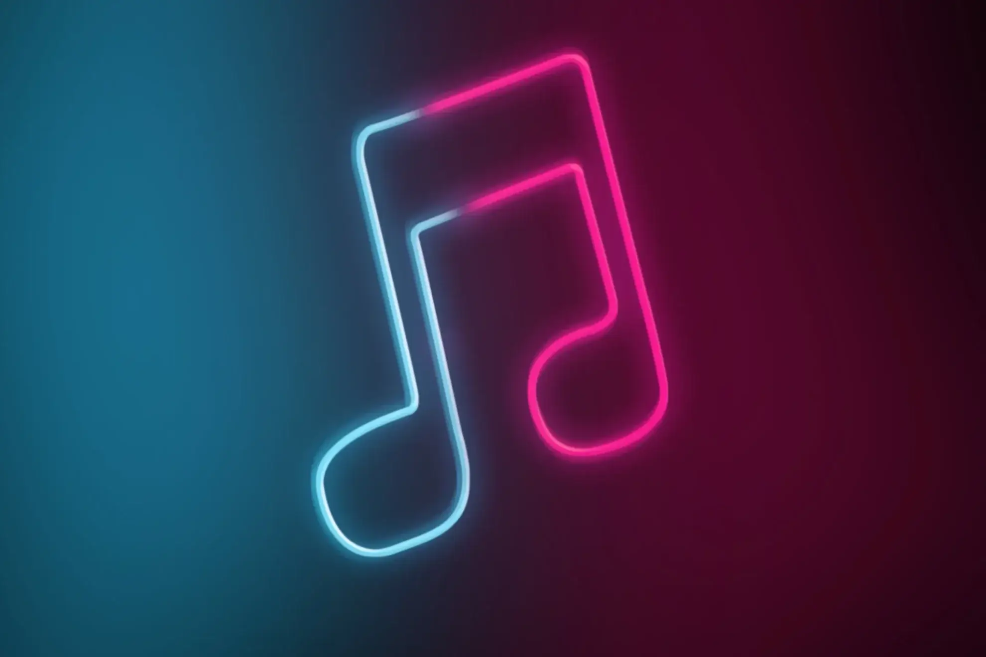 Neon outline of a music note with blue on the left and pink on the right, set against a dark gradient background.