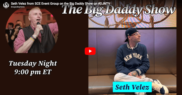 Promotional image for "The Big Daddy Show" with a photo of a man speaking, show details for Tuesday night at 9:00 pm ET, and Seth Velez seated, wearing a New York sweatshirt and cap.