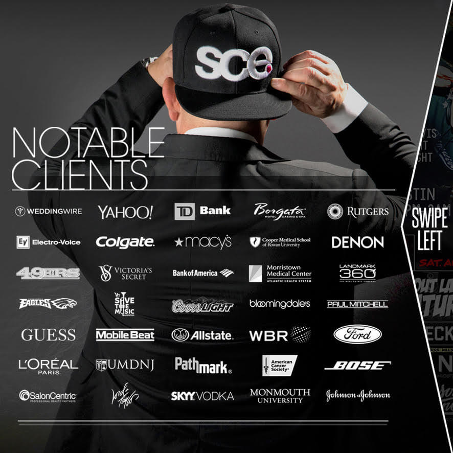Man in a suit facing away, adjusting a hat with "sce." Text lists notable clients including Yahoo!, TD Bank, Ford, Macy's, and Johnson & Johnson on a black background.