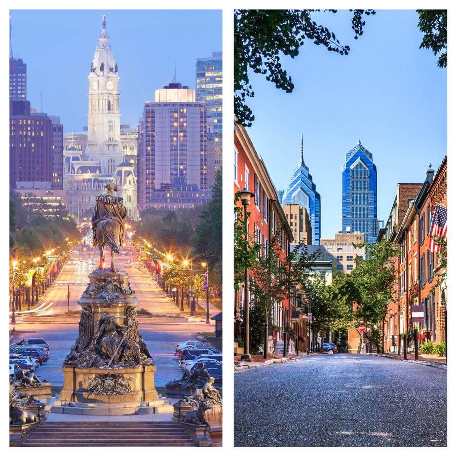 Philly Side-by-side images of Philadelphia landmarks: City Hall with William Penn statue on the left, and a street view with skyscrapers and historic brick buildings on the right.