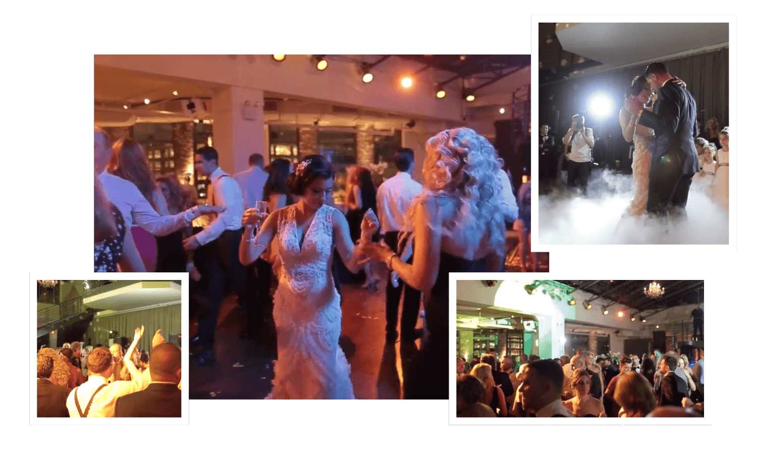 A collage shows a wedding reception with guests dancing, a couple’s first dance on a foggy floor, and groups of people celebrating in a decorated venue.