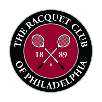 Circular logo featuring two crossed racquets, the numbers 18 and 89, and the text “The Racquet Club of Philadelphia” on a black border.