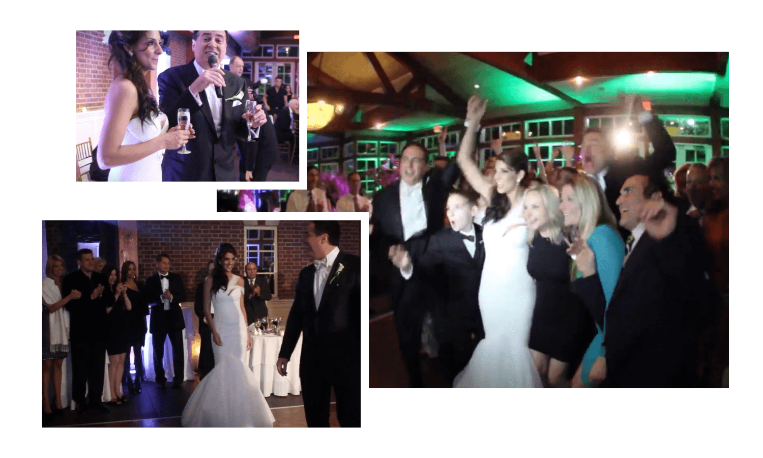 Three photos show a bride and groom celebrating with guests at a wedding reception, including group poses, toasts, and dancing in a decorated venue.